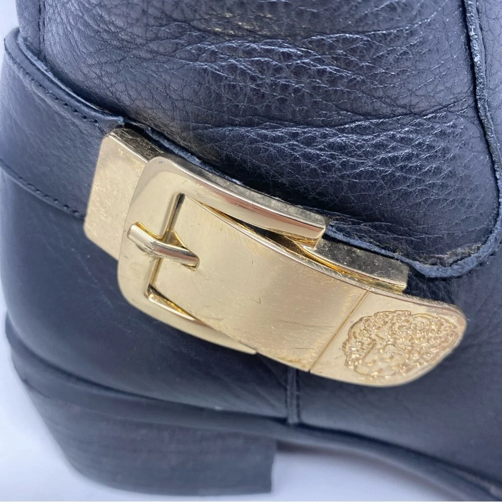 Vince Camuto  Women's 7M Knee-High Riding Boots Black Leather Gold Buckle Zipper